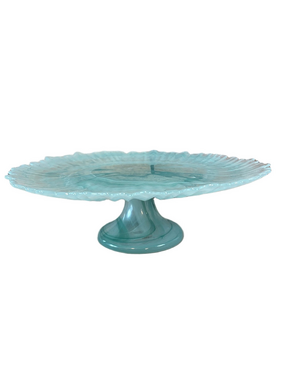 Anthropologie Alma sea glass blue scalloped edge cake stand